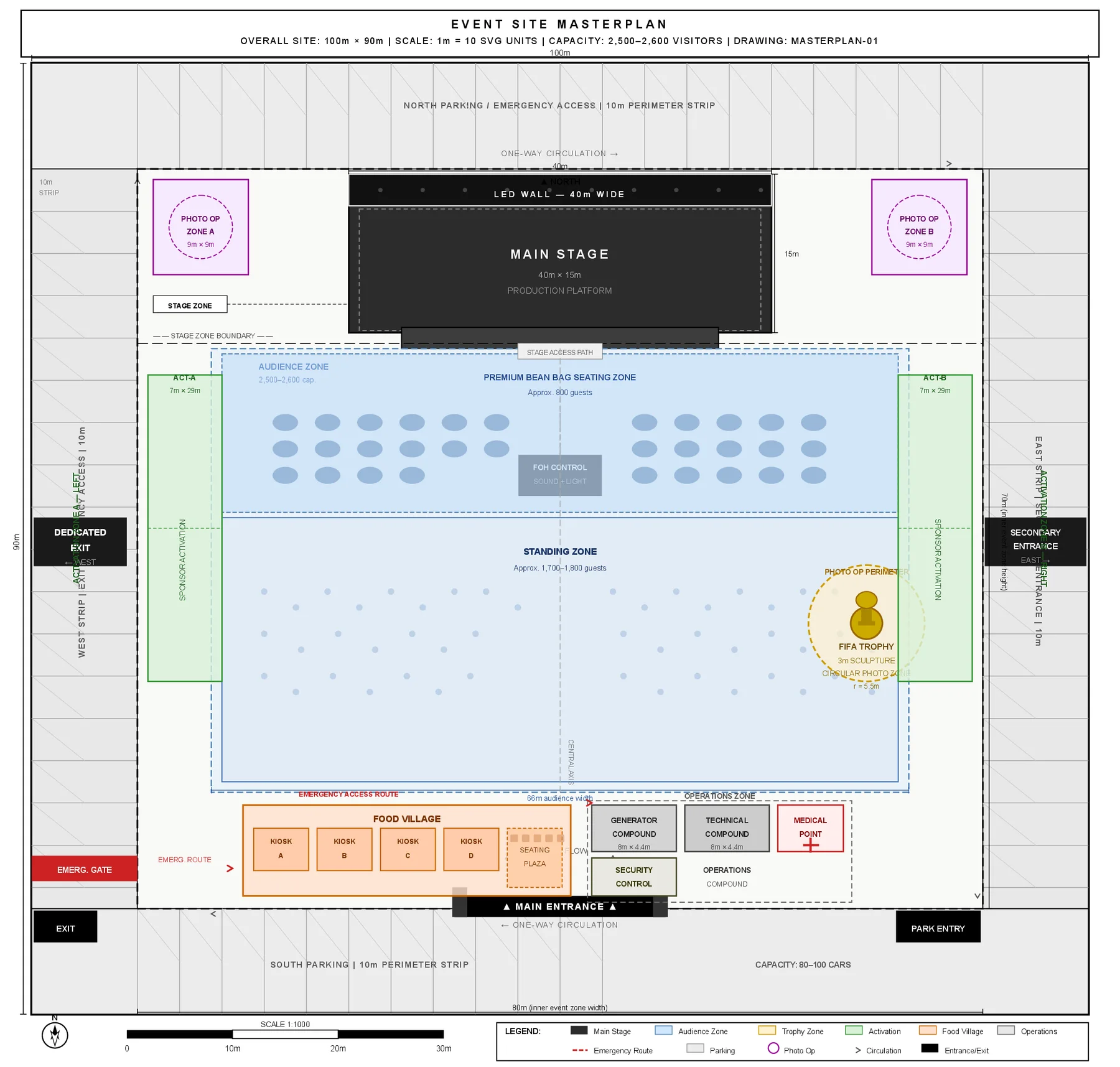 Event site masterplan — 100m x 90m layout